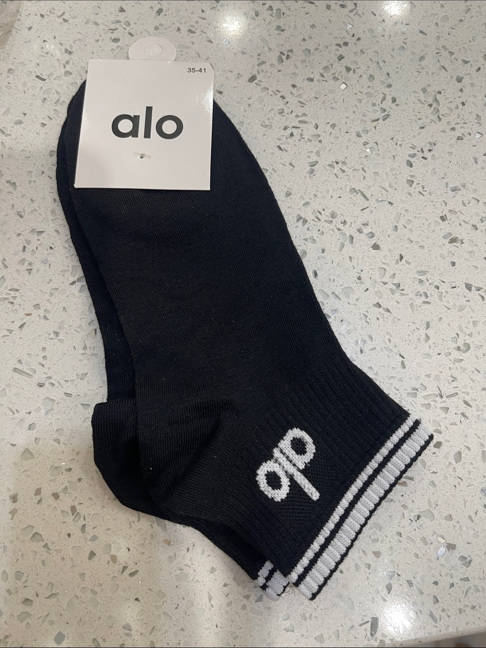 ALO Yoga Black Ankle Athletic Socks with White Logo & Striped Cuff